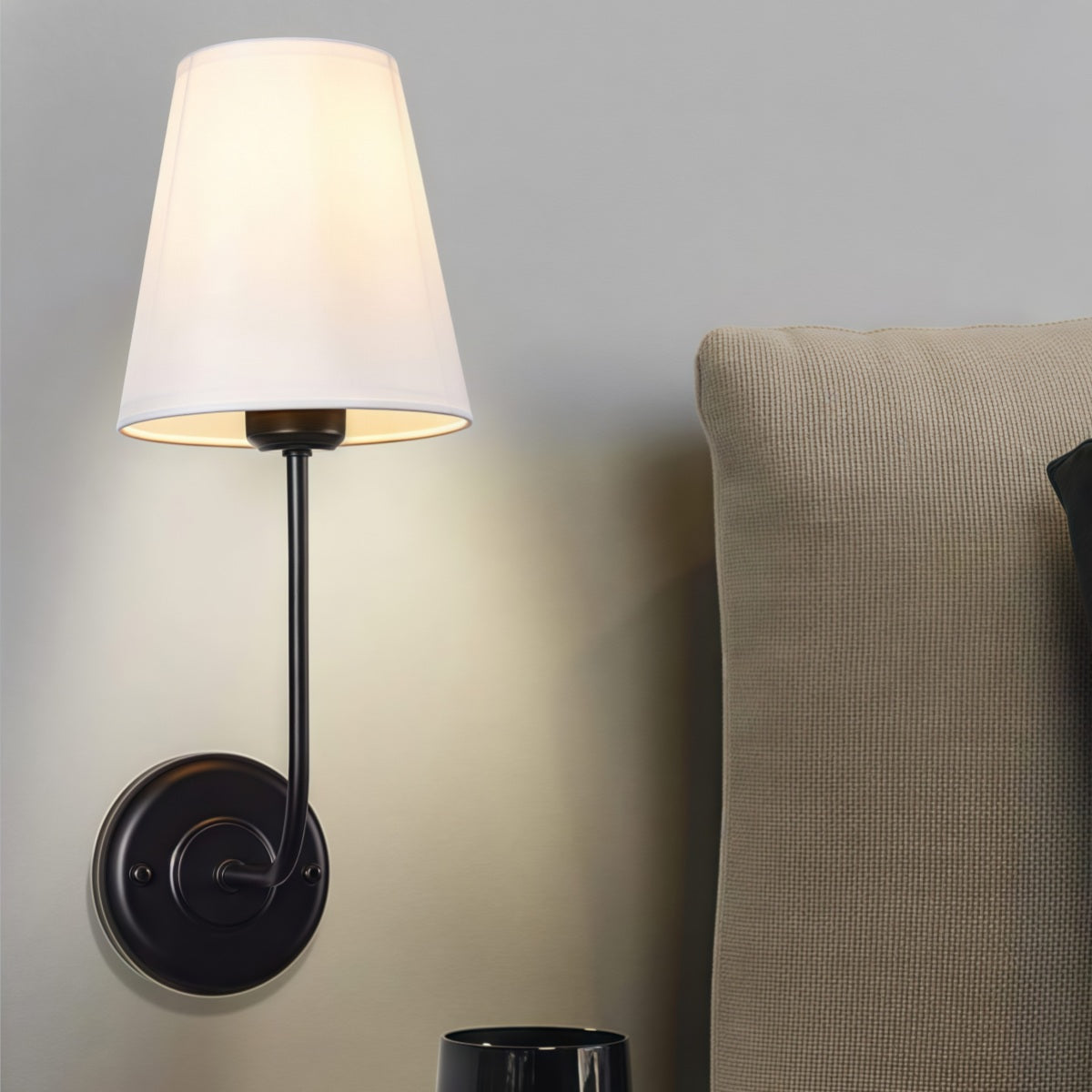 Rustic Cone Shape Fabric Wall Sconce – Antique Brass Metal Accent Light